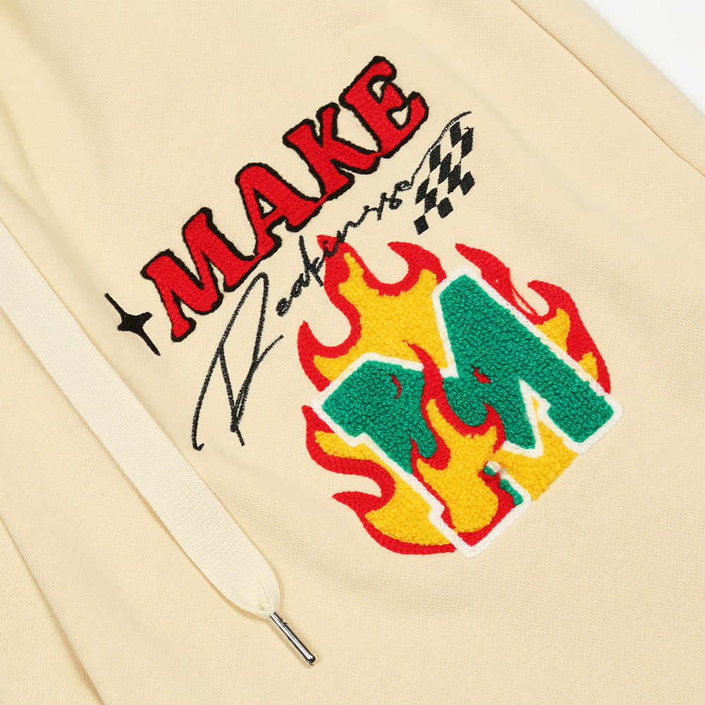 Flame Embroidered Letters Casual Shorts