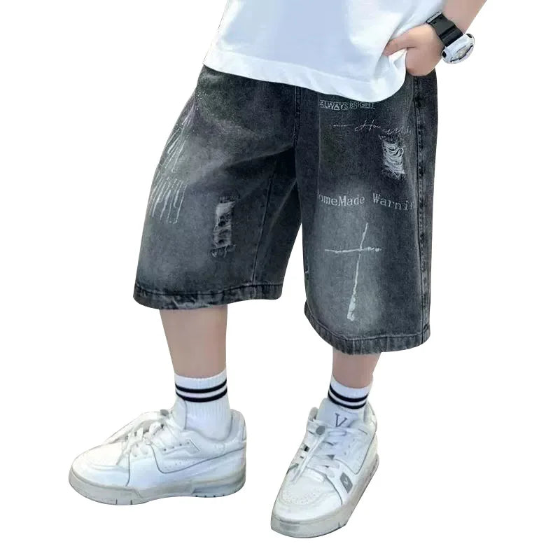 New Summer Style Boys' Gradient Denim Shorts Teen Childen Letter Printed Short Pants Trendy Kids Casual Knee-Length Jeans