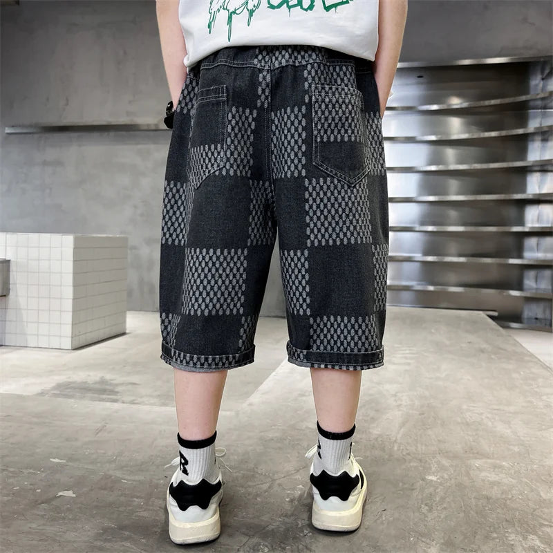 New 2025 Tween Boy Plaid Denim Shorts for Summer Kids Vintage Capris Denim Pants Teens Child Black Blue Color Knee Length Jeans