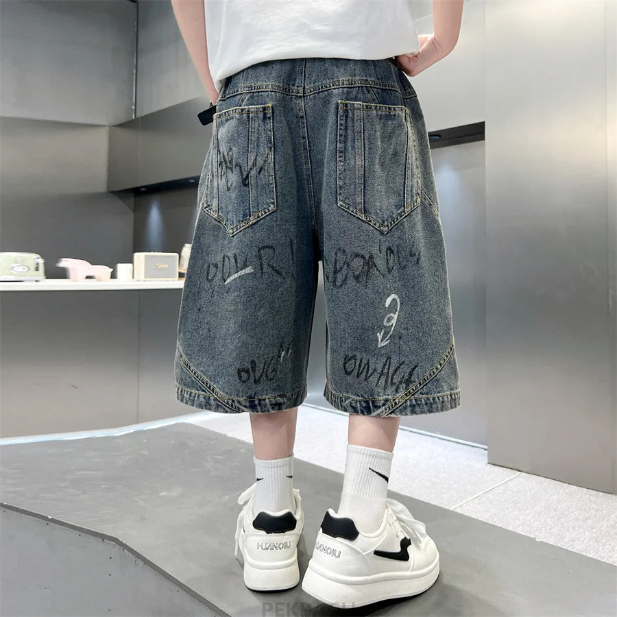 New Summer Kids Children Gray Blue Color Denim Shorts with Drawstrings for Teenage Boys Knee Length Baggy Jeans Capris Pants
