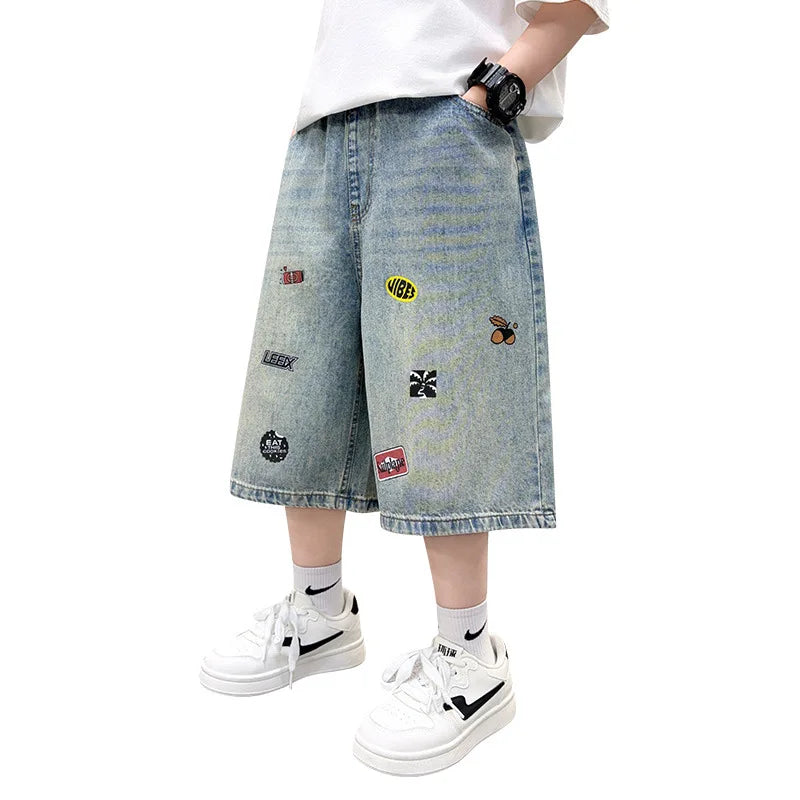 Children Summer Baggy Denim Shorts with Embroidery for Kids Casual Knee Length Shorts With Drawings Teen Boys Streetwear Bottoms