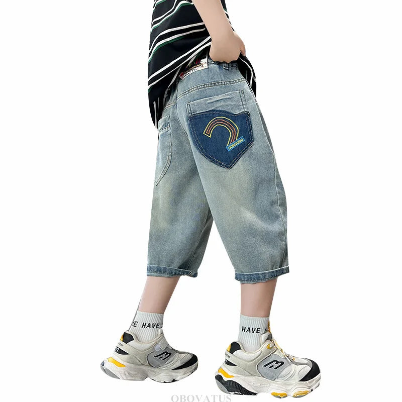 New Summer Kids Denim Shorts with Pockets For Teens Boys Slim Fit Mid-Calf Jeans Pants Teenage Child Causal Capris Shorts 5-14T