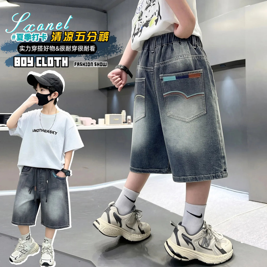 New Summer Boys' Gradient Denim Shorts Teen Childen American Streetwear Brand Short Pants Trendy Kids Casual Knee-Length Jeans