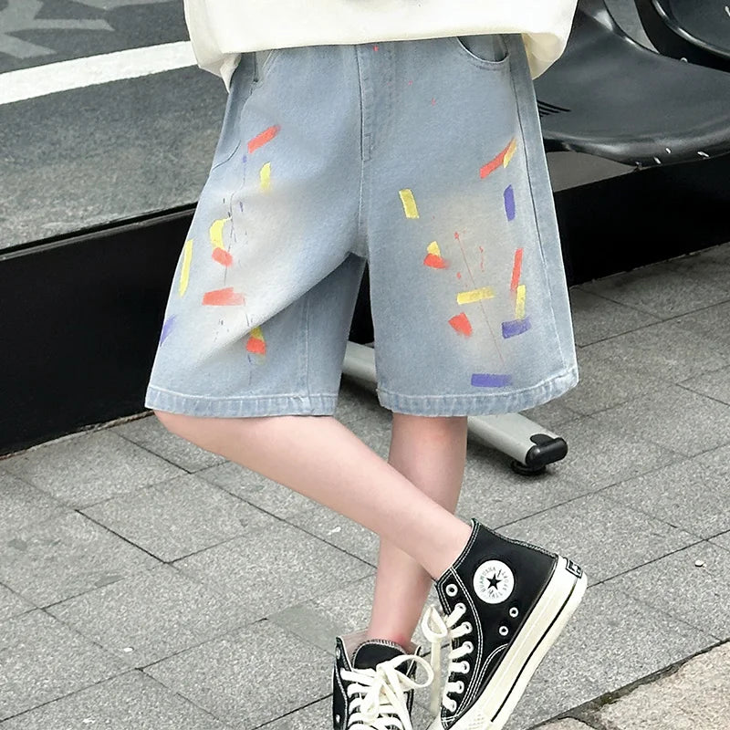 Summer Children Denim Shorts with Drawings for Teen Girl Fashion Printed Knee Length Jeans Capris Age 5 6 7 8 9 10 11 12 13 14 Y