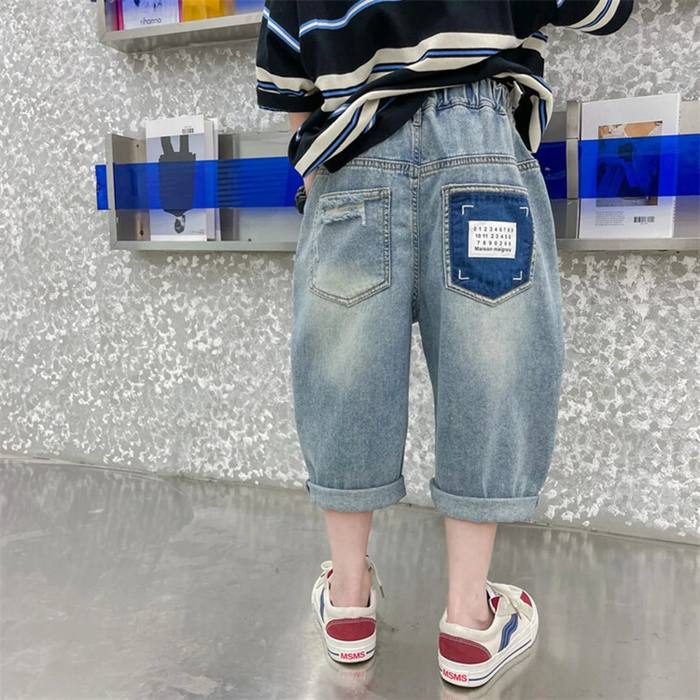 Teen Children's Shorts 2025 Summer New Kids Denim pants thin pants large children loose Boys with five Quarter pants 4-15Years