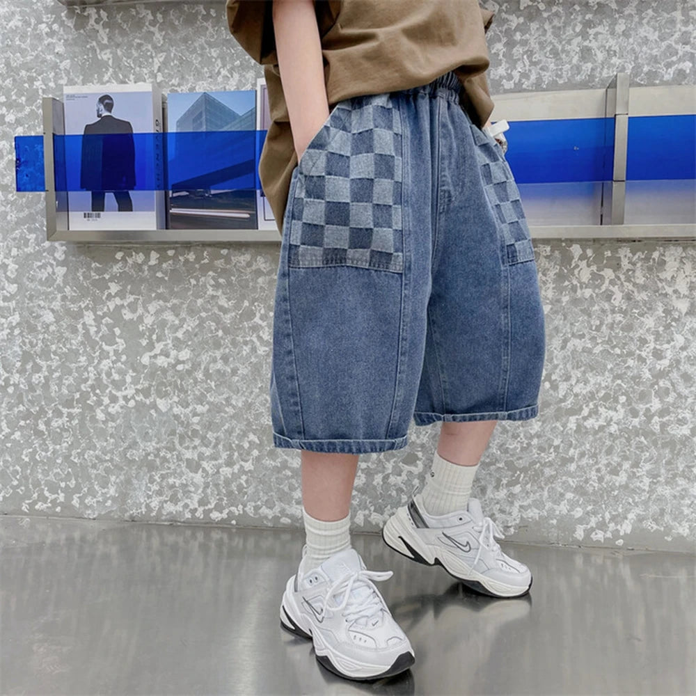 Teen Children's Shorts 2025 Summer New Kids Denim pants thin pants large children loose Boys with five Quarter pants 4-15Years
