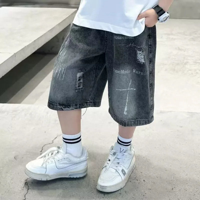 New Summer Style Boys' Gradient Denim Shorts Teen Childen Letter Printed Short Pants Trendy Kids Casual Knee-Length Jeans