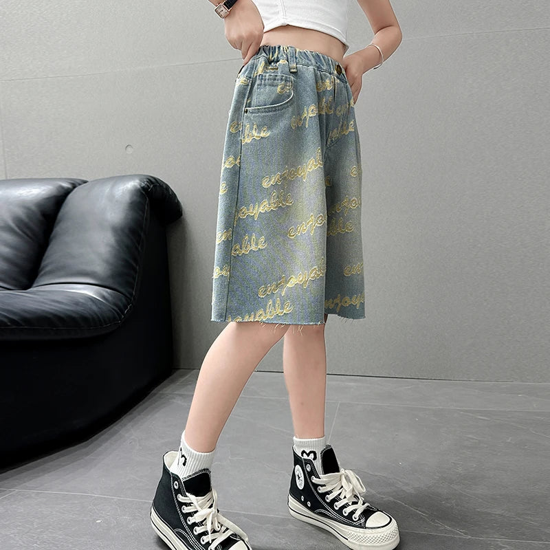 Kids Summer Letter Rippedd Denim Shorts for Teens Girl Loose Luxury Shorts 3d Letter Casual Harajuku Jeans Capris Pants 5-14 Y