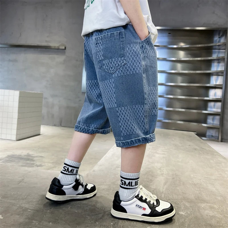 New 2025 Tween Boy Plaid Denim Shorts for Summer Kids Vintage Capris Denim Pants Teens Child Black Blue Color Knee Length Jeans