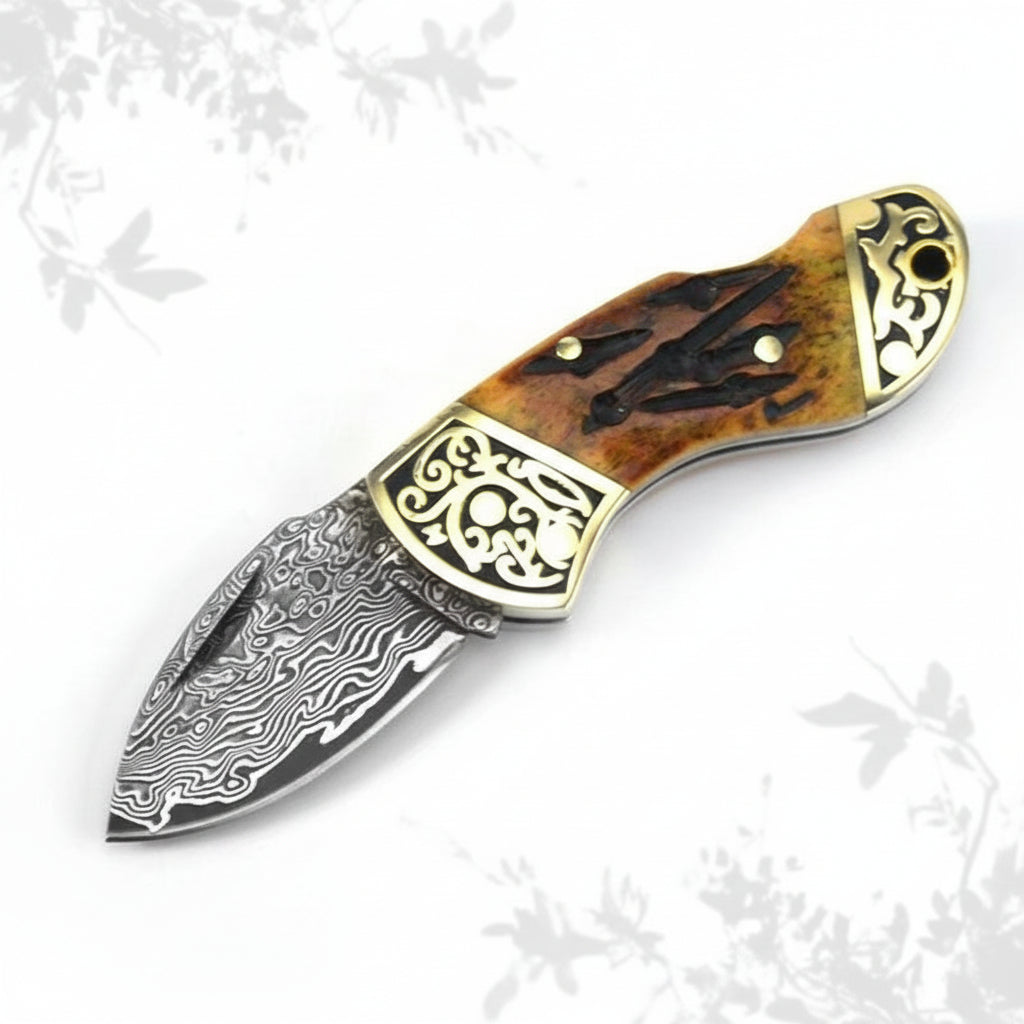 Damascus Steel Folding Knife – Brown Bone & Brass Handle Pocket Knife for Men | EDC Gift Knife