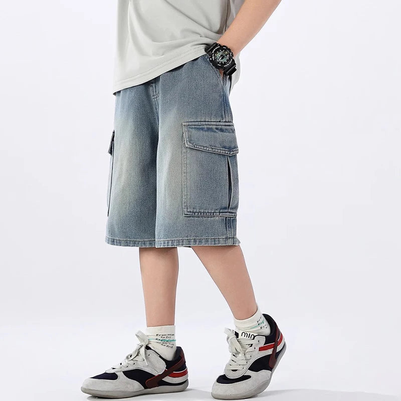 Summer Teen Boys Denim Shorts Fashion Solid Color Big Pocket Thin Jeans Pants For 4-14 Years Kids Children Casual Trousers