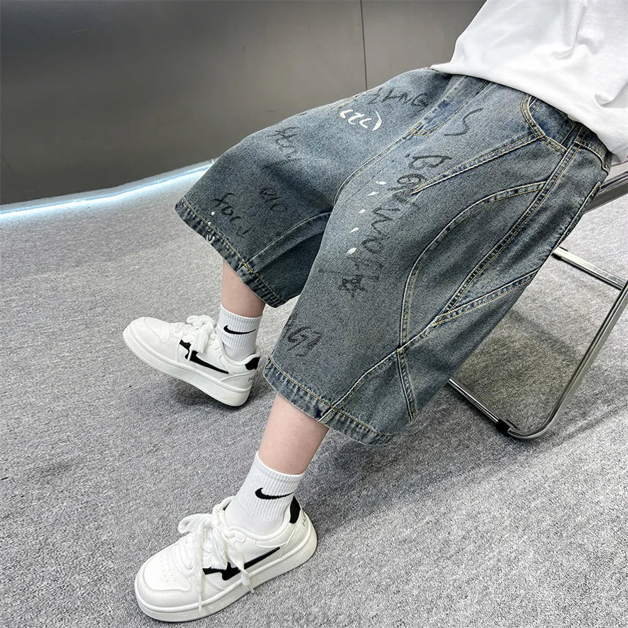 New Summer Kids Children Gray Blue Color Denim Shorts with Drawstrings for Teenage Boys Knee Length Baggy Jeans Capris Pants