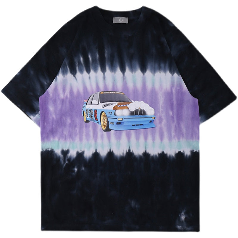 European And American Street Washing Retro Tie Dyeing Process Car Printing Loose Casual Cotton Short Sleeve T-shirt Half Sleeve For Lovers