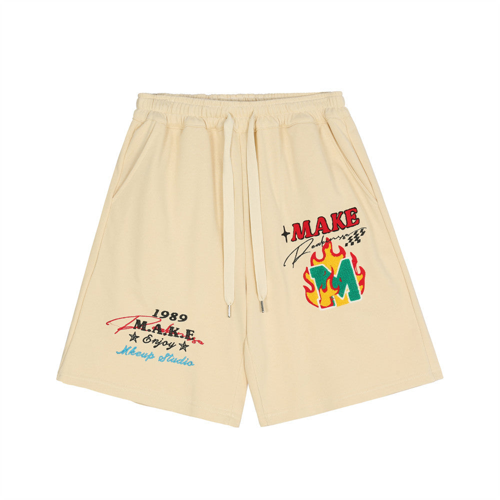 Flame Embroidered Letters Casual Shorts