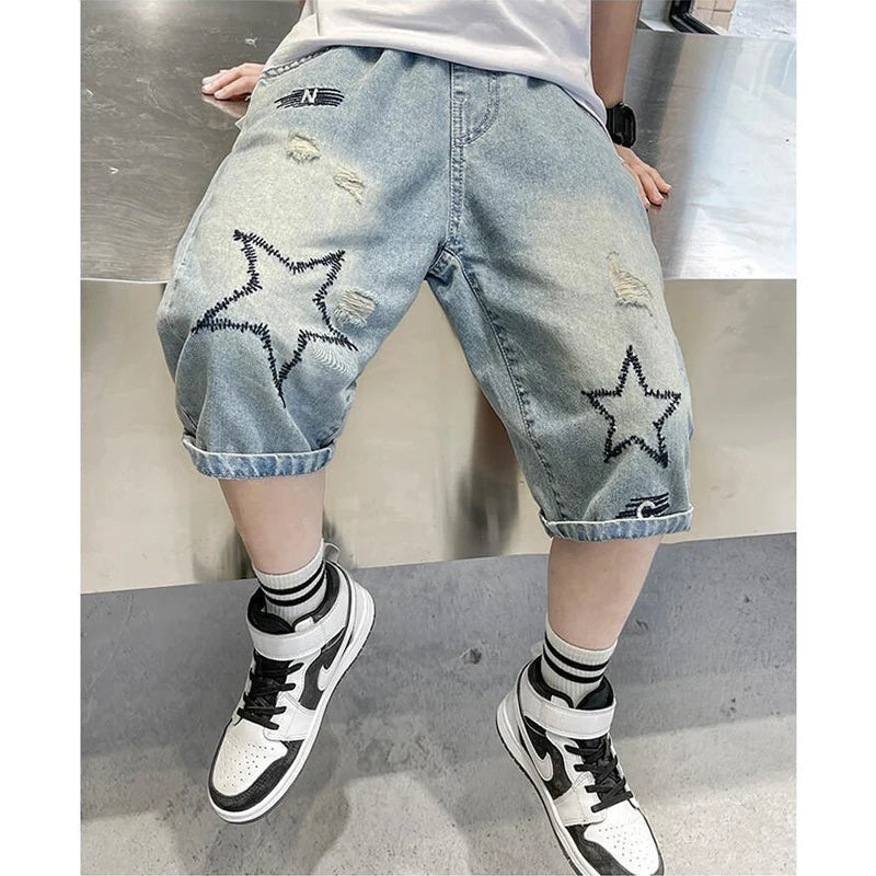 Summer Boys Jeans Shorts Five-pointed Star Print High Waist Ripped Denim Shorts For 5-12 Years Teen Kids Casual Knee Length Pant