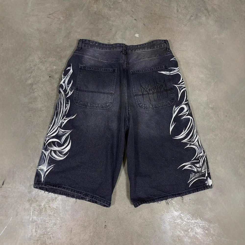 American Retro Gothic Printed Denim Shorts