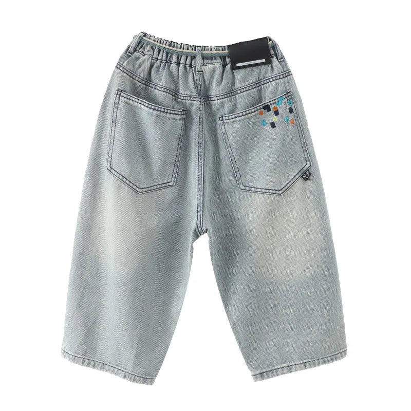 Korean Kids Casual Denim Shorts For Tween Boy Summer Clothes Costume Teens Child Print Baggy Capris Jeans Pants with Drawstring
