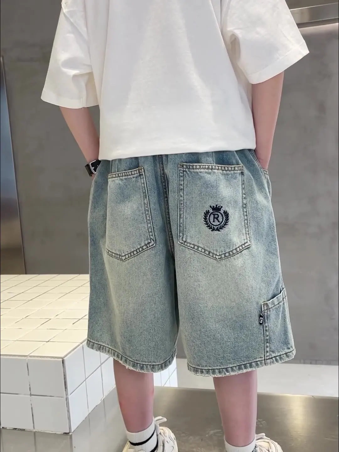 Kids Denim Shorts Teen Boys Casual Knee-Length Jeans Teenage Child Blue Denim With Cartoon Printed Trousers Toddler Ages 4-14Y