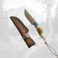 Damascus Steel Straight Knife – Antler & Turquoise Handle Outdoor Knife for Men | Gift Knife