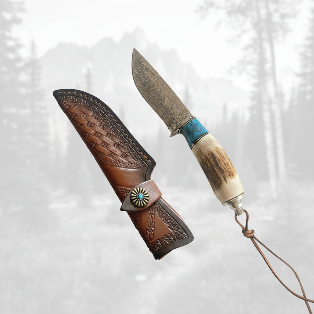 Damascus Steel Straight Knife – Antler & Turquoise Handle Outdoor Knife for Men | Gift Knife