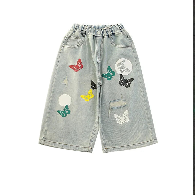 Kids Summer Denim Shorts with Butterfly Printing for Teens Girl Casual Straight Jeans Capris Tweens Child Mid-Calf Denim Pants