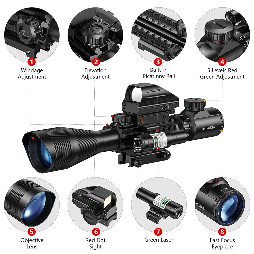 4-12x50EG Tactical 3 in 1 Scopes with Red Green Laser Sight Airsoft