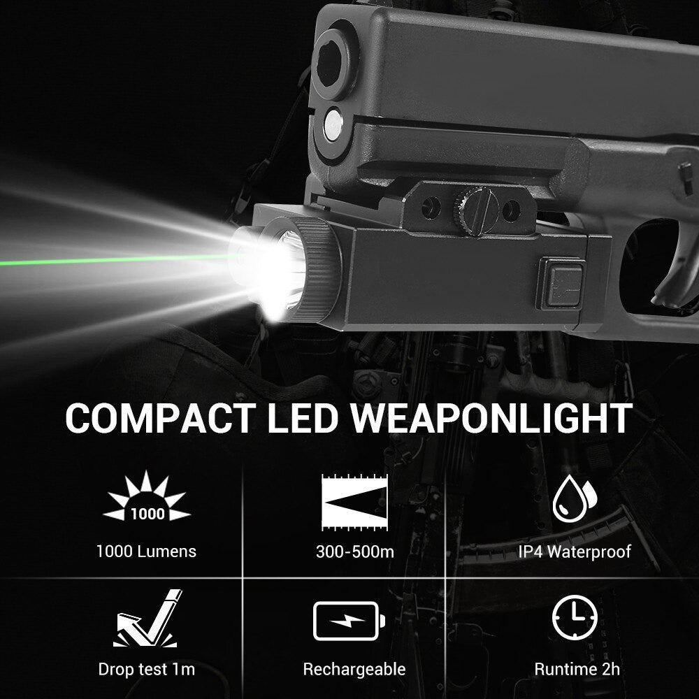 1000 Lumens Pistol Light with Green Laser Tactical LED Airsoft