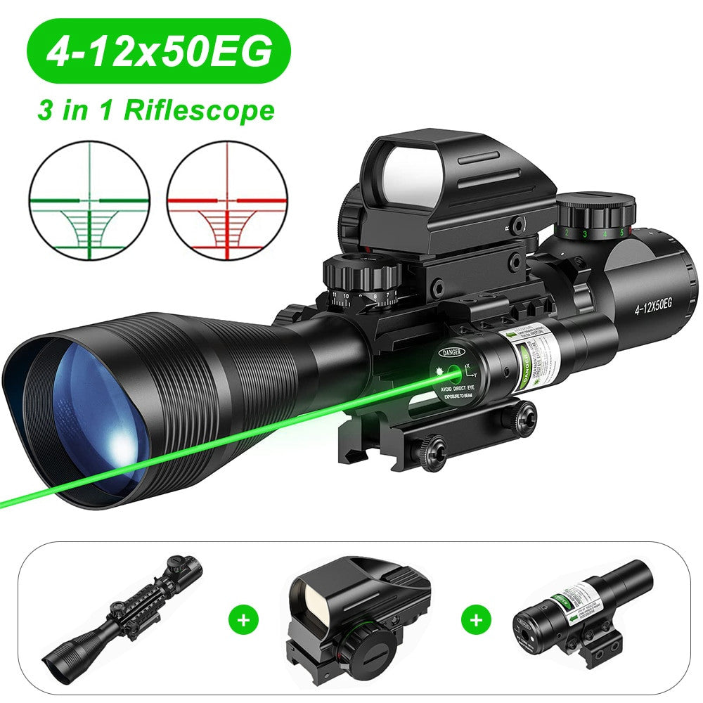 4-12x50EG Tactical 3 in 1 Scopes with Red Green Laser Sight Airsoft