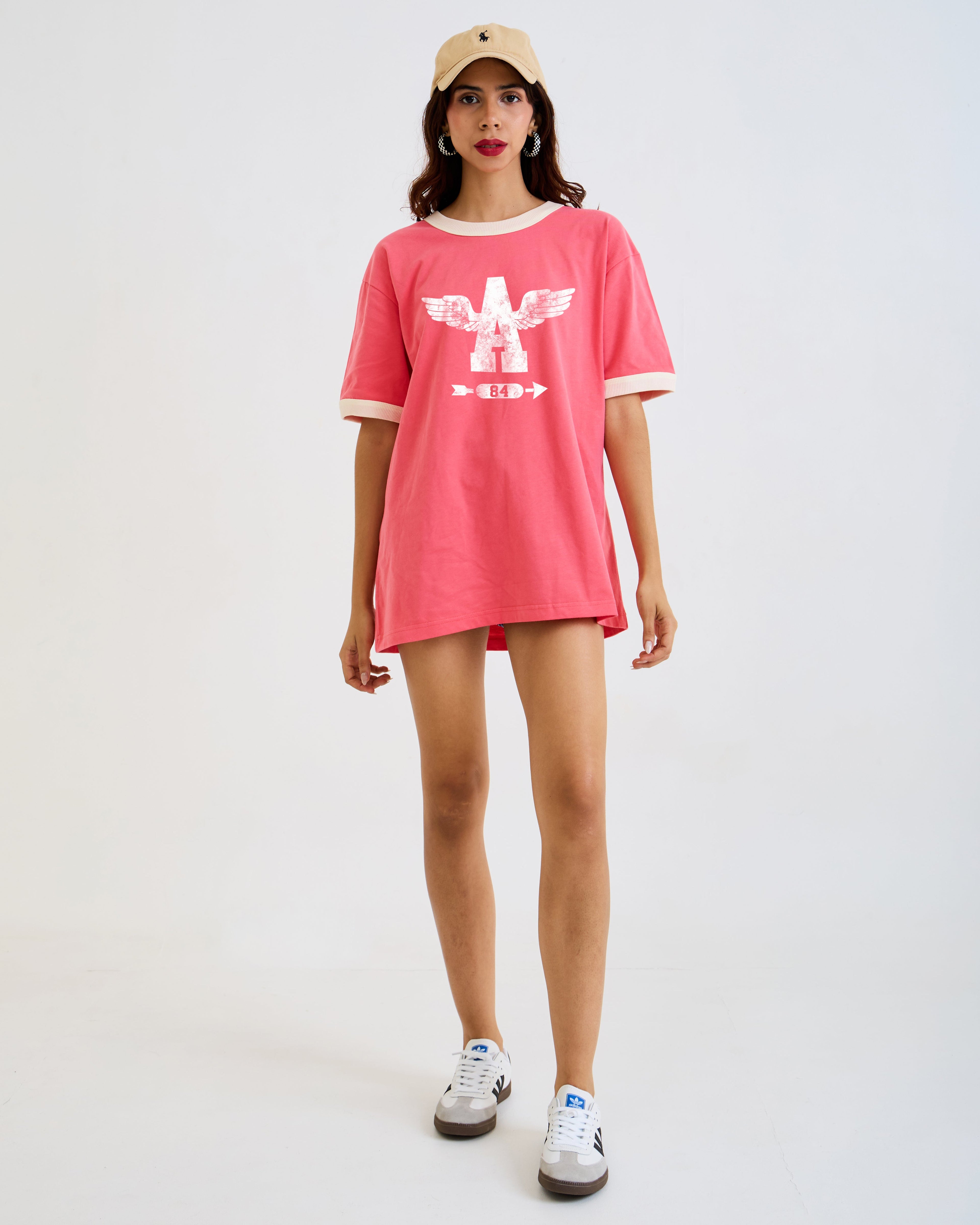 Vintage Unisex Oversized T-Shirt – Wings Graphic – Retro Ringer Style – Pink/Off-White