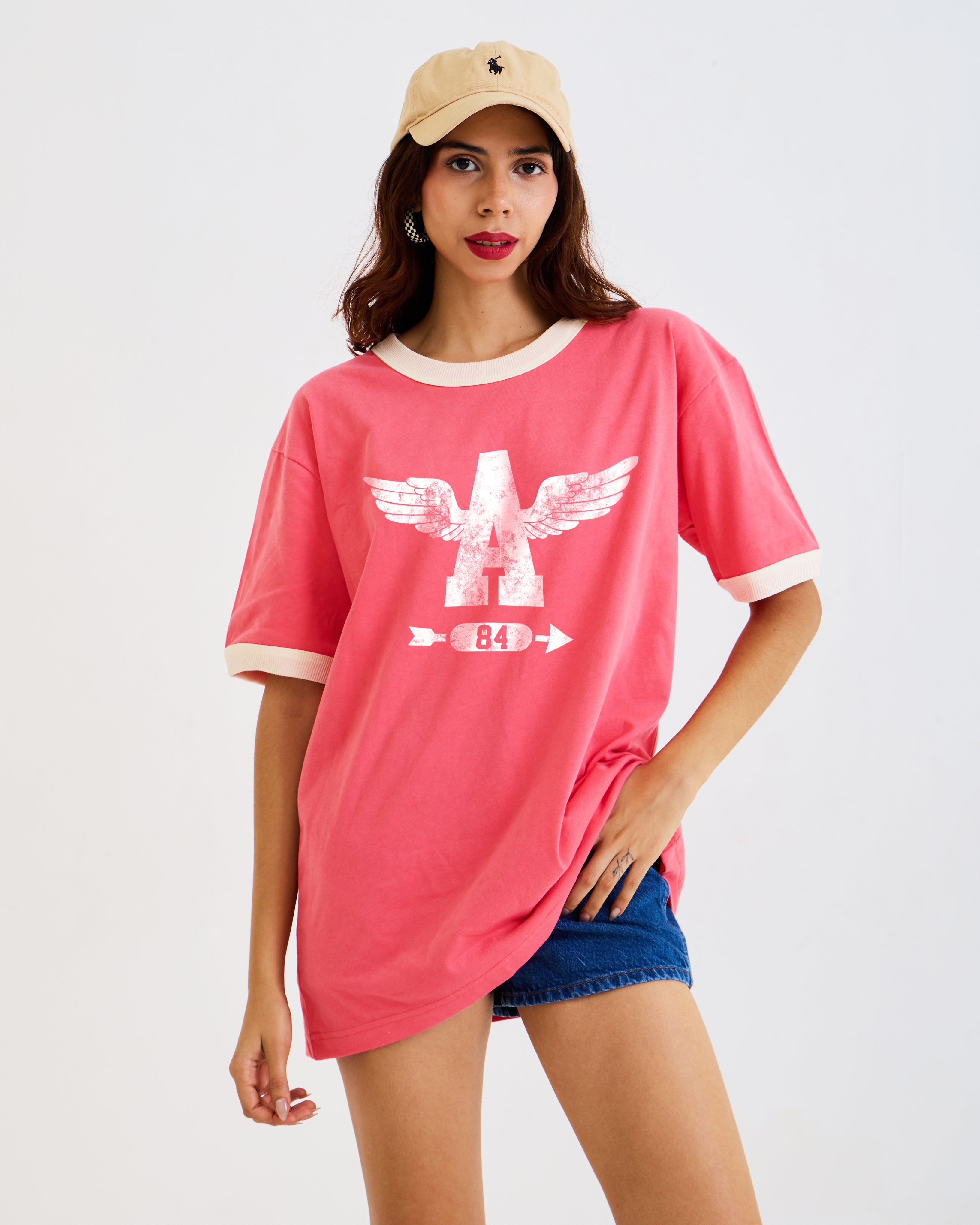 Vintage Unisex Oversized T-Shirt – Wings Graphic – Retro Ringer Style – Pink/Off-White