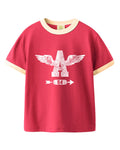 Vintage Unisex Oversized T-Shirt – Wings Graphic – Retro Ringer Style – Pink/Off-White
