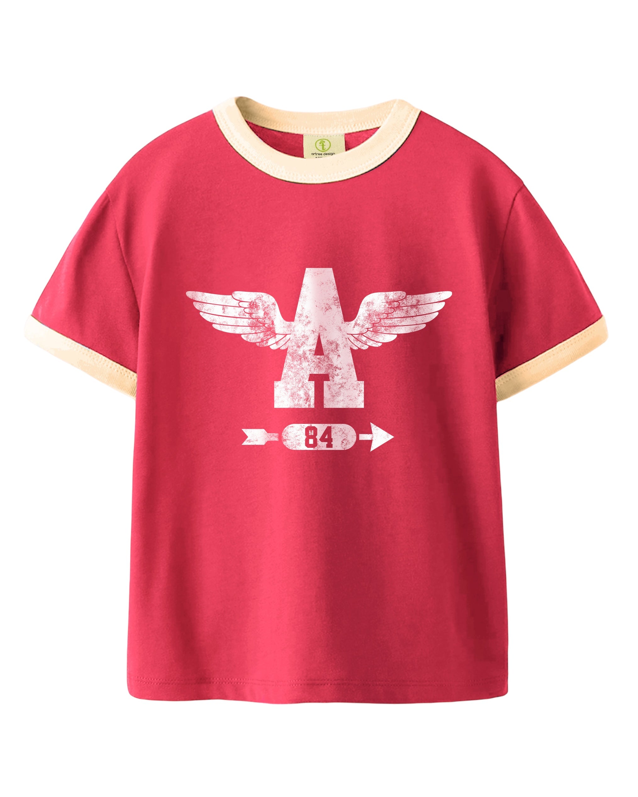 Vintage Unisex Oversized T-Shirt – Wings Graphic – Retro Ringer Style – Pink/Off-White