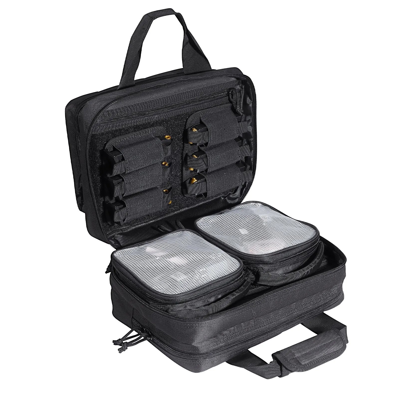 Range Bag for 2 Pistols, Tactical Gun Bag with 2 Built-in Removable Pistol Bags & 6 Detachable Magazines, Gun Range Bag for Outdoor Hunting Shooting, Lockable Carrying Handgun Bag Case