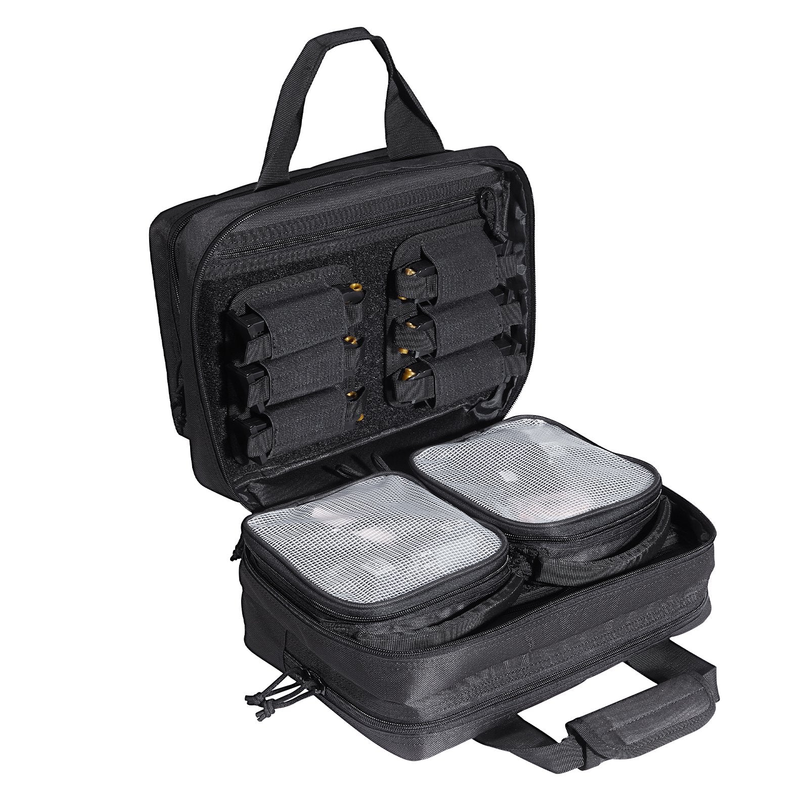 Range Bag for 2 Pistols, Tactical Gun Bag with 2 Built-in Removable Pistol Bags & 6 Detachable Magazines, Gun Range Bag for Outdoor Hunting Shooting, Lockable Carrying Handgun Bag Case