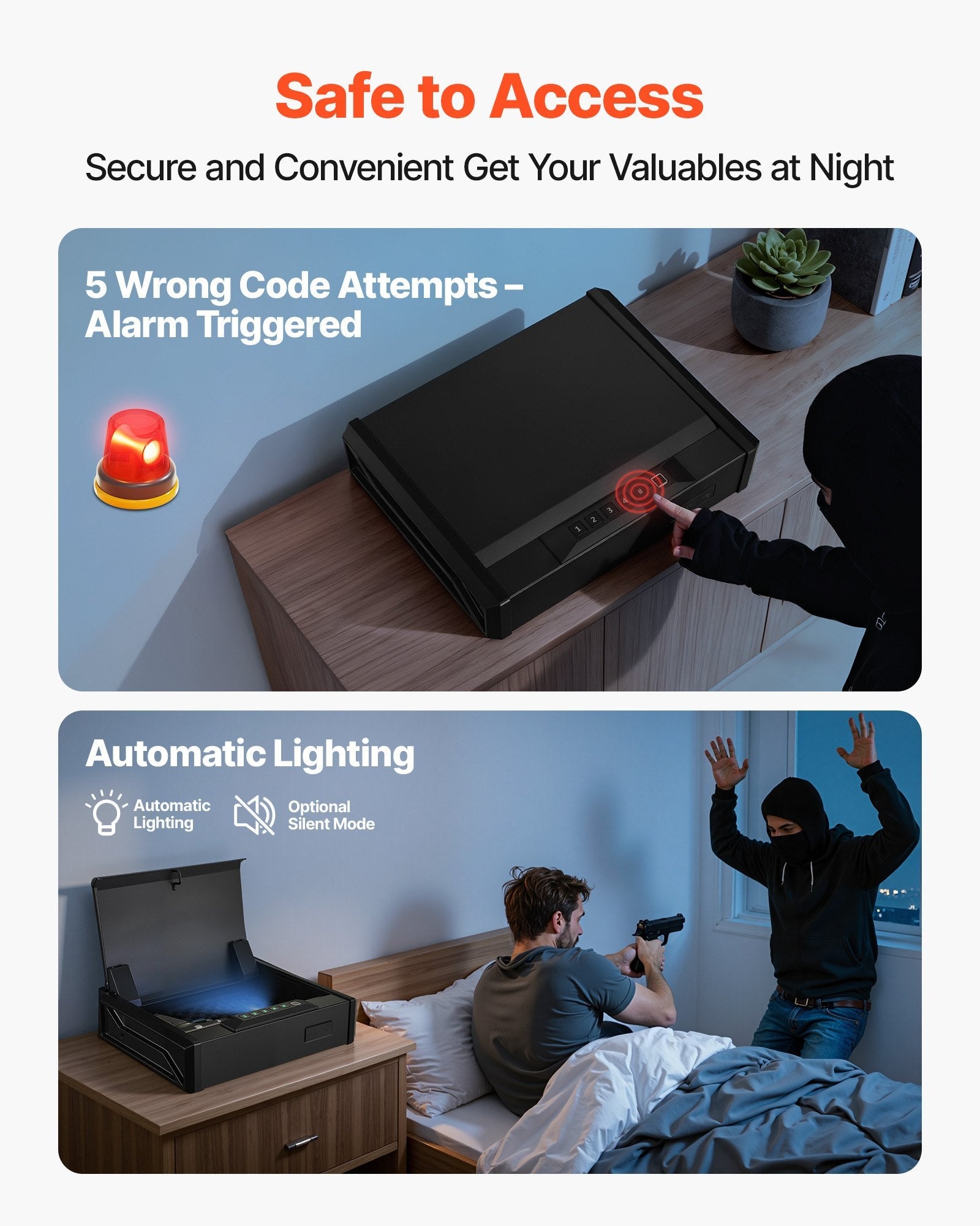 Gun Safe, Heavy Duty Handgun Safe with Fingerprint/Password/Key, 3-Way Quick Access Firearm Case Box with Lighting for 2 Pistols & 2 Magazines, Pistol Gun Box for Nightstand Bedside Desk Car