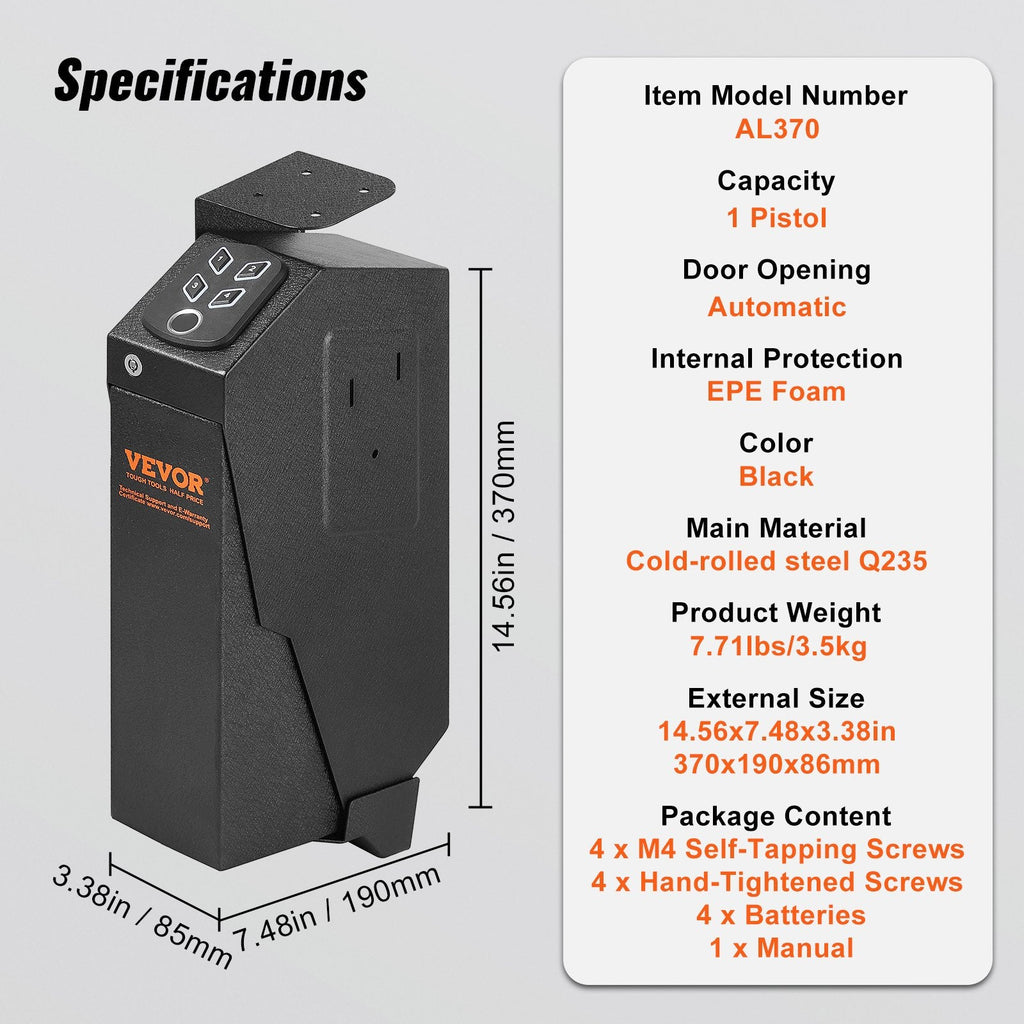 Mounted Gun Safe for Pistols, Biometric Gun Safe with Three Quick Access Ways of Fingerprints, Passwords and Keys, Handgun Safe for 1 Pistol for Home, Bedside, Nightstand, Wall